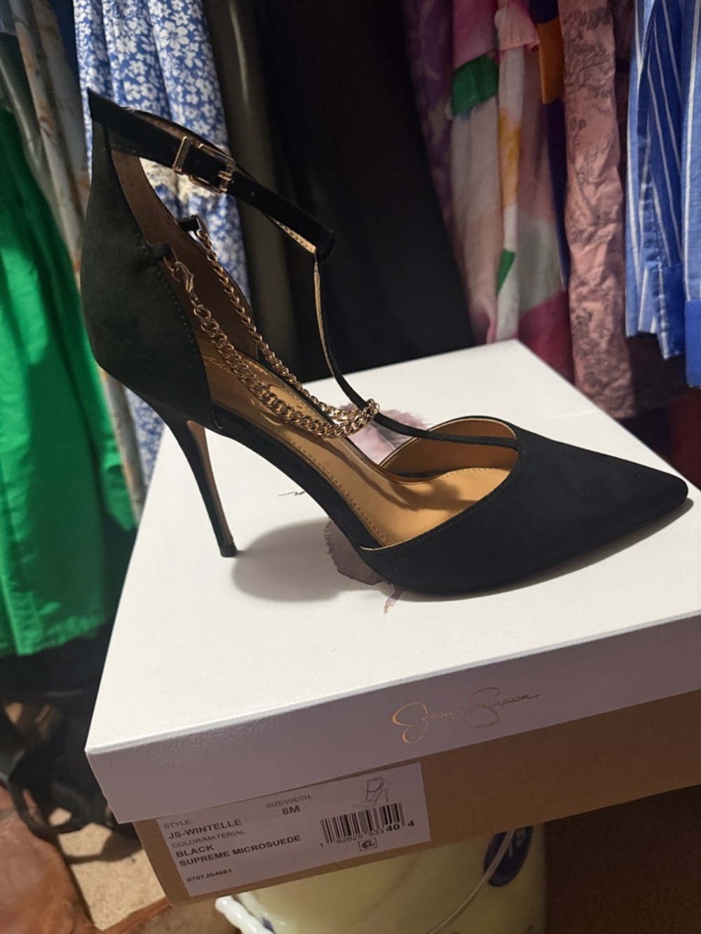 Jessica Simpson Black Pointed-Toe Ankle-Strap Pump with Gold Chain